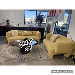 Yellow 2 Piece Fabric Sofa And Loveseat Set 