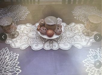 Scroll handmade beaded table runner - Ivory & Silver