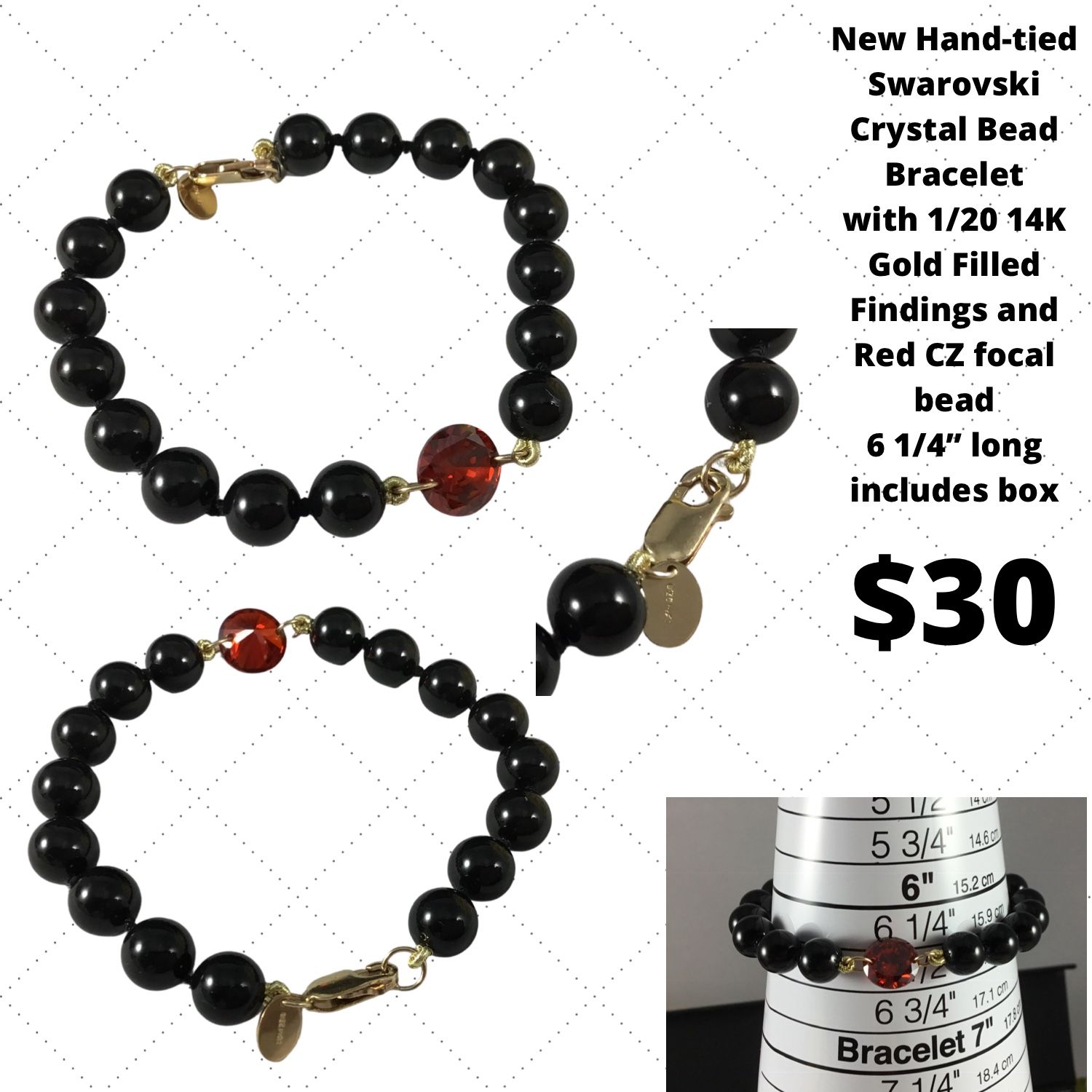 New hand tied Swarovski Crystal Bead Bracelet with 1/20 14K findings, with Red CZ focal bead, 6 1/4” long, with elegant case