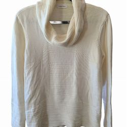 Calvin Klein Cream Cowl Neck Sweater Featuring a Cable Knit Design