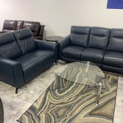 Genuine Leather Navy Blue Dual Power Recliner Sofa & Stationary Loveseat 