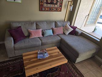 Gray Fabric Sectional Sofa w/ Chaise & Cushions, Track Arms, 3-Seat Modern