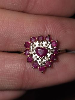 14k Yellow Gold Heart Ruby Diamond Halo Cocktail Ring Size 7
