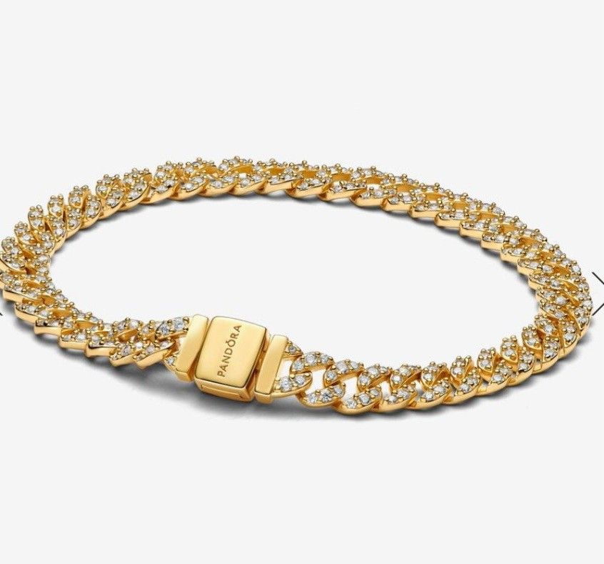 14k GOLD PLATED, PANDORA TIMELESS PAVE CUBAN CHAIN BRACELET! NEW!