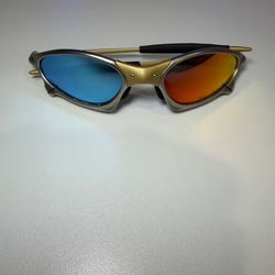 Oakley Penny Style Sunglasses – Red + Blue Frames, Silver/Gold Metal Body – Premium Fit!