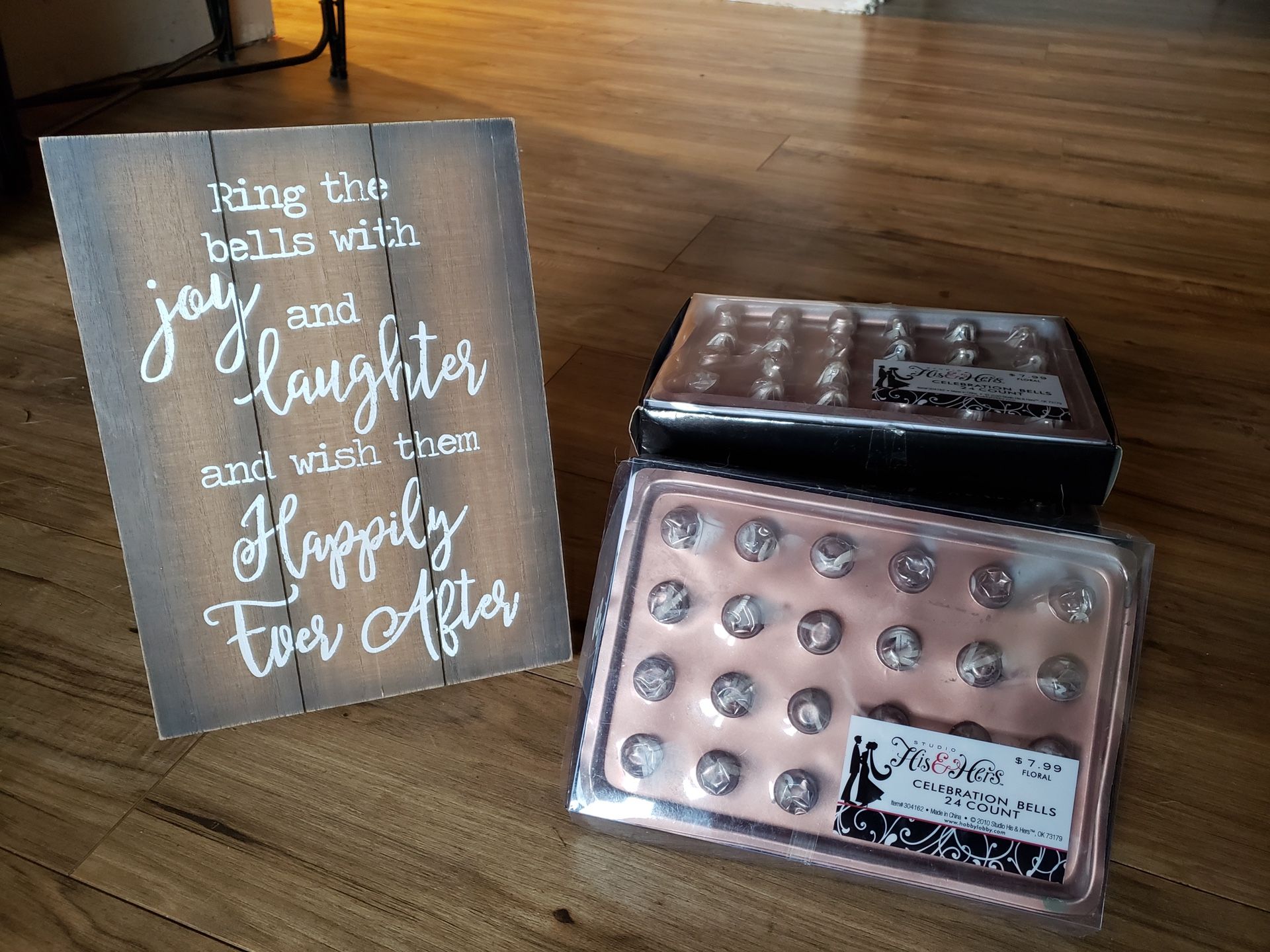 Wedding Send Off Sign and Rose gold Bells