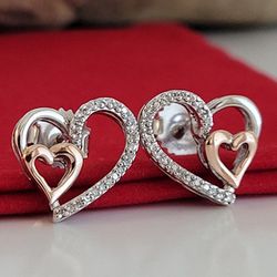 ❤️ 10k Solid Gold, Sterling Silver and Genuine Diamonds Heart-shaped Earrings, Beautiful 