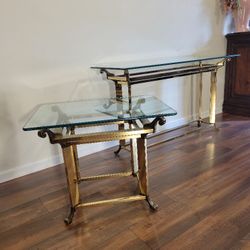 Brass & Glass Console Table And Matching End Table 