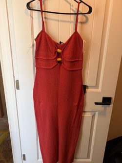 Lulus Red Knit Midi Dress with Wooden Bead Detail