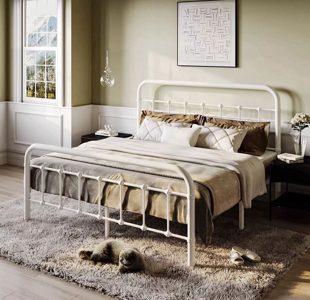 Queen White Metal Platform Bed Frame with Headboard and Footboard, Vintage Style Mattress Foundation C-32