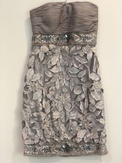Elegant formal evening embroidered sequins dress. Silver. Sue Wong
