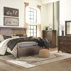 BROWN-7PC-DRESSER MIRROR QUEEN PANEL BED 2 NIGHTSTANDS