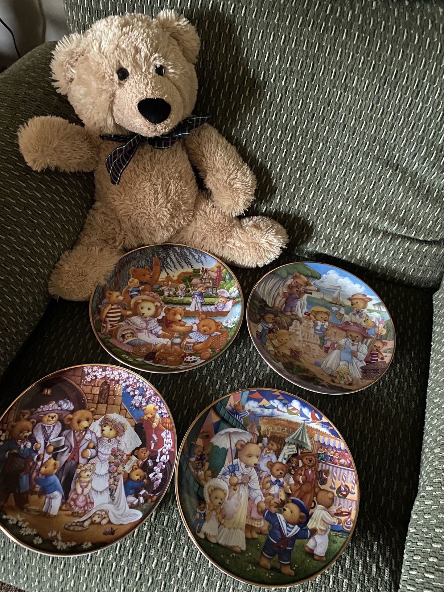 Four Franklin Mint, Teddy Bear Plates Heirloom Collection, and teddy bear