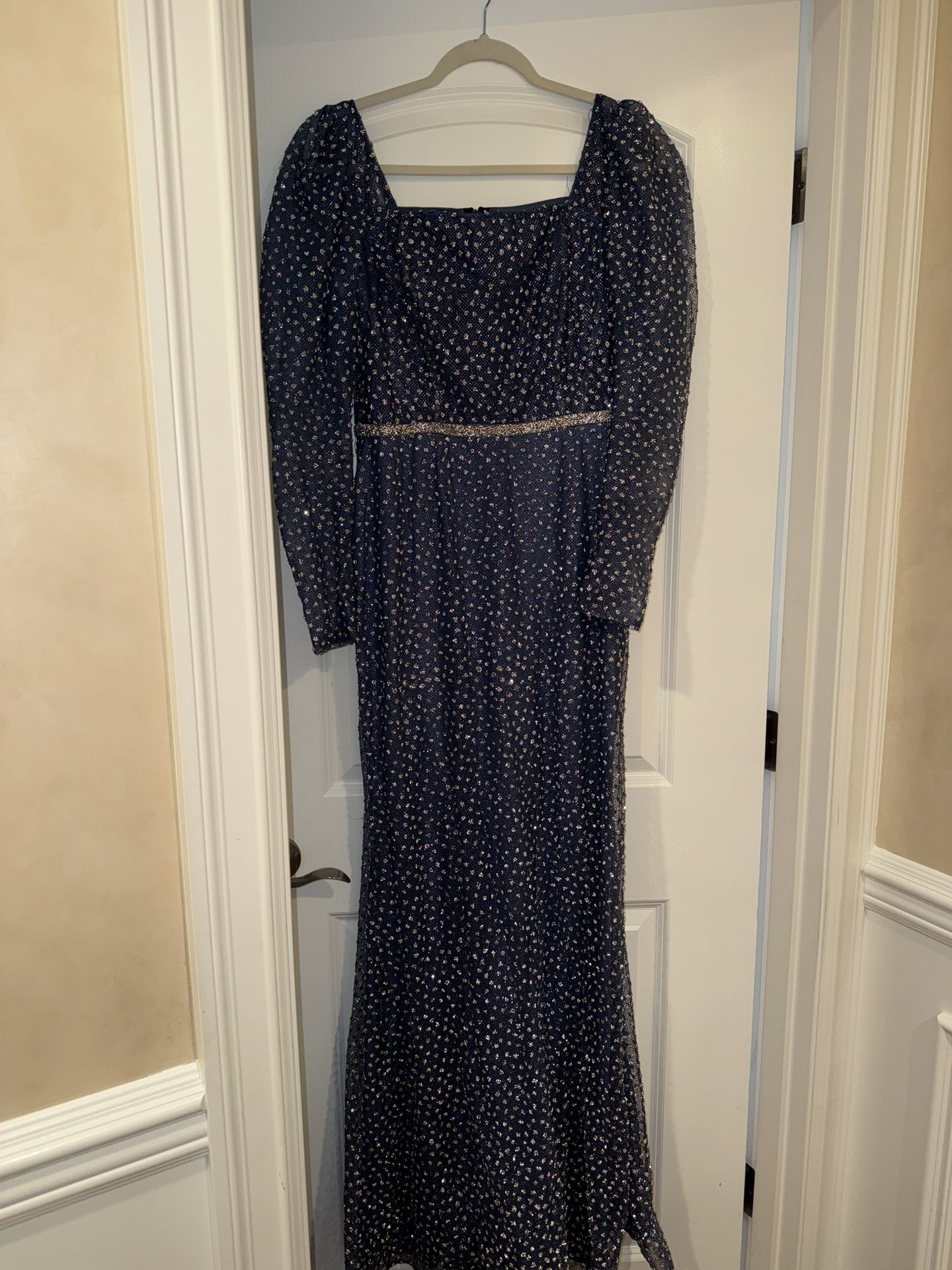 Long Blue Sparkly Dress Square Neckline Prom/Quince/Wedding