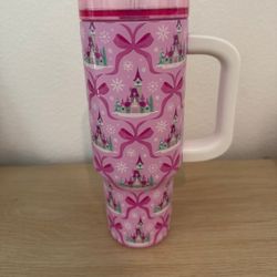 NEW Disney Parks 2025 Princess Pink Ribbon Bow Castle Tumbler Cup