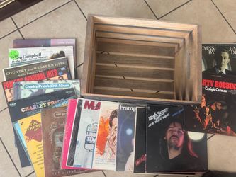 Wooden crate + 28 various Vinyls