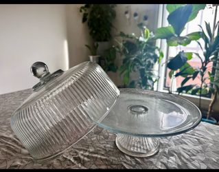 Clear Glass Pedestal Cake Stand with Heavy Ribbed Glass Dome