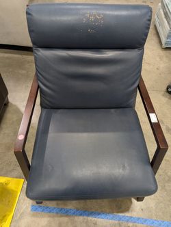 Warehouse Sale: Modern Dark Wood and Blue Leather Accent Chair