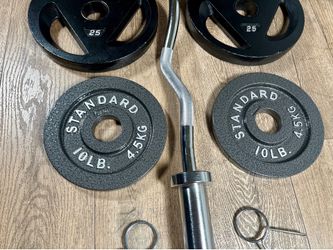 Olympic Equipment: Silver Curl Bar With Cooper Bearings & Weight Plates Pairs Of  35s, 25s And 10 Pounds   (Total: 160 lbs)