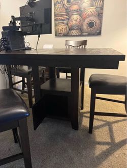 Dark Wood Counter Height Dining Table with Stools