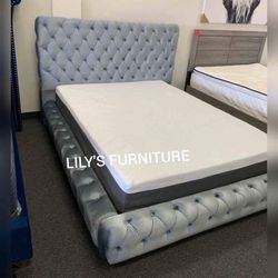 King size Queen Size Velvet Gray Platform bed