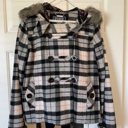 Victoria’s Secret PINK Limited Edition Plaid Pink Grey Fur Winter Coat Size L