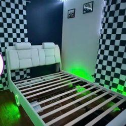 Kids Full Bed White Bed Frame With LED Lights