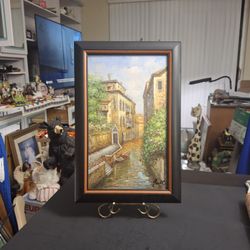Framed Italian Venetian Canal Scene With A Gondola Print On Canvas 15 X 10