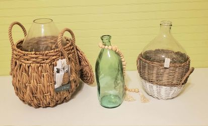 3-Piece Boho Farmhouse Glass Jug & Woven Basket Decor Set