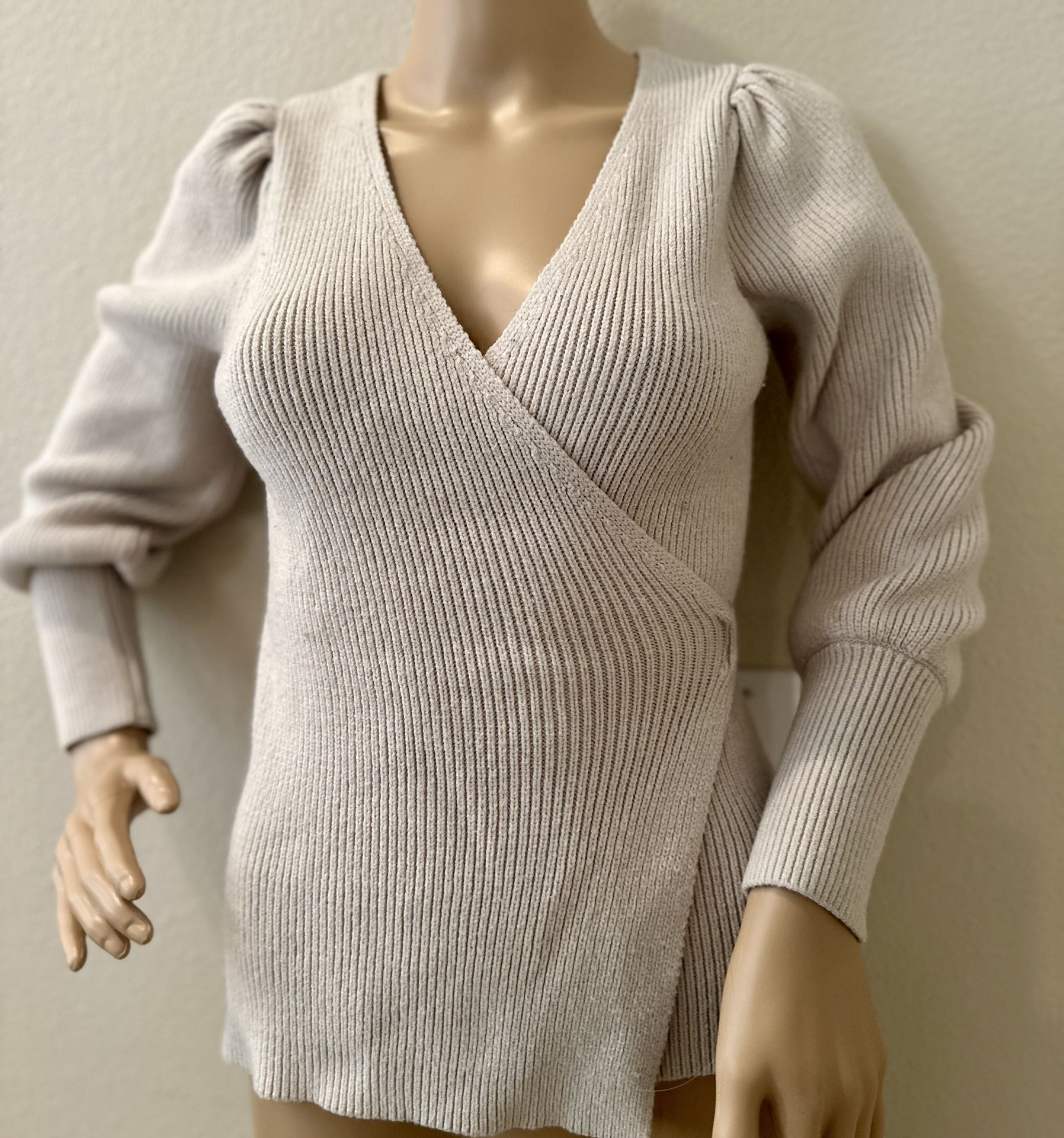 Oatmeal Tan  Puff Sleeve Self Wrap Tunic Sweater Soft Cozy Medium 