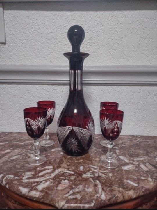 Collectible Vintage Tall 13 1/2" Ruby Red Cut-To-Clear Wine Decanter Bottle with solid ruby Stopper.