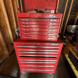 Stacked (2) Vintage Mac Tooli Boxes - 6 Drawer Top, 8 Drawer Bottom