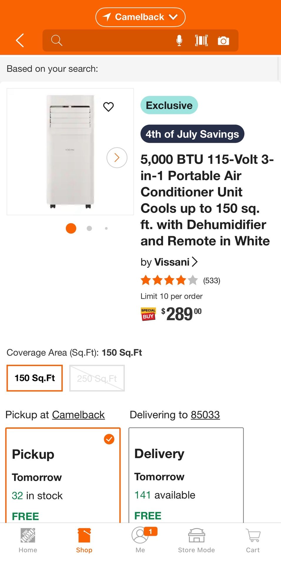 Vissani 5,000 BTU 115-Volt 3-in-1 Portable Air Conditioner Unit Cools up to 150 sq. ft. with Dehumidifier and Remote in White