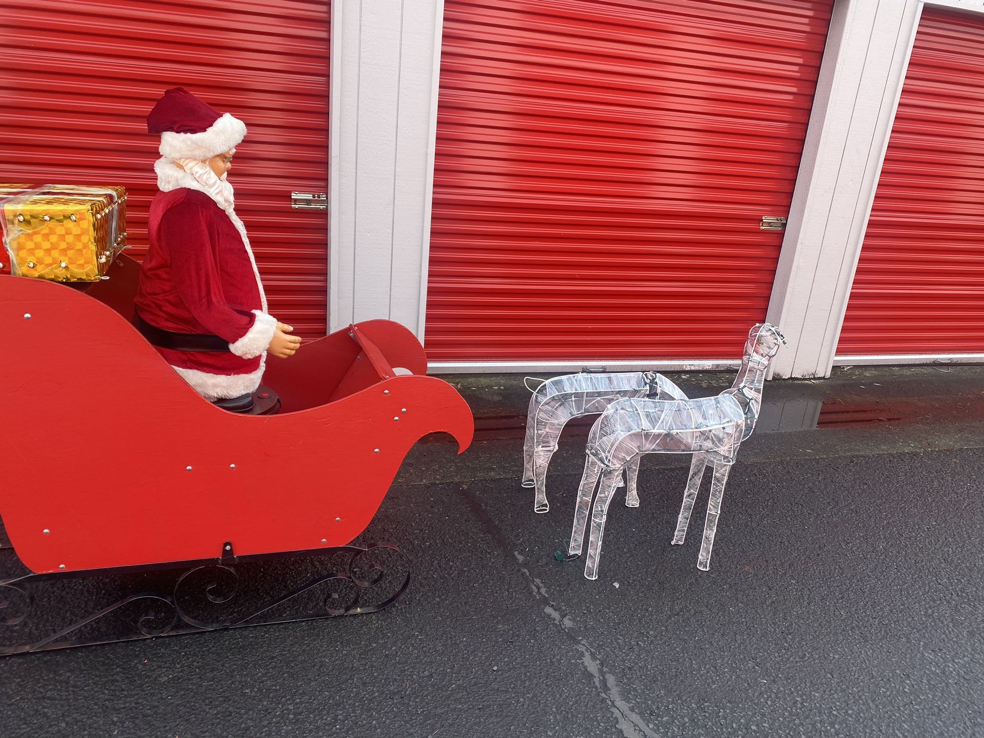 Santa, Sled , Lighted Tower Of Gifts, Four Lighted Reindeer