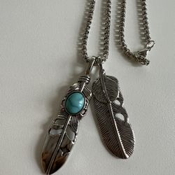 Takahashi Goros Necklace Inspired Large Two Feather with Turquoise Silver