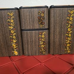 Vintage Flower Power Kitchen Canisters Yellow Avocado Faux Wood Metal 4pc