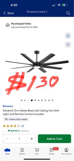Breezary Windmill 72-in Matte Black LED Ceiling Fan With Light and Remote Control Included