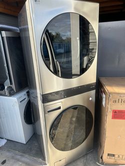 STUDIO Wash Tower Stacked SMART Laundry Center in Noble Steel 5.0 Cu.Ft. Front Load Washer & 7.4 Cu