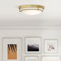 Cambron Two-Light 13'' Simple Bowl Flush Mount. 4'' H x 13'' W x 13'' D. Finish:  Brass. Shade Color:  White. New open Box inspected. MSRP $96. Our pr