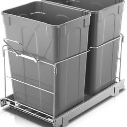 Pull Out Trash Can Under Cabinet, 35 QT Double Under Sink Trash Can Waste Container with with Chrome Wire Bottom Mount and Handle, Heavy Duty Garbage 