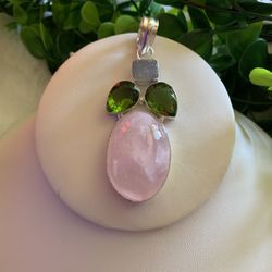 ew Rose Quartz & Gemstone & Silver Pendant Gorgeous and Large Pendant