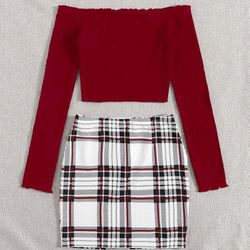 Women’s Red black and white plaid skirt and  red off the shoulder long sleeve top set size L 