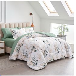 Joyreap 7 Piece Bed in a Bag King, Green Leaves Printed on White Botanical Design, Microfiber Comforter Set for All Season (1 Comforter, 2 Pillow Sham