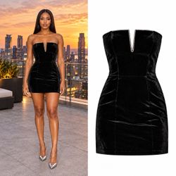MESHKI Elysia Velvet Mini Dress XXS Black Strapless Diamante Plunge Bodycon