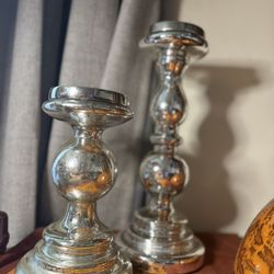 Antique Pair Of Mercury Glass Candleholders