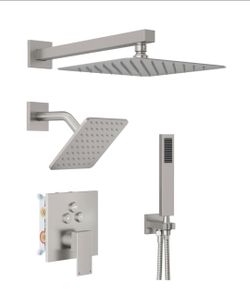 Brushed Nickel Shower Faucet Set, 10"+8" Square Dual Rain Shower Head for Two People with Handheld Spray, 3-Way Wall Mount Rainfall Shower Valve and T