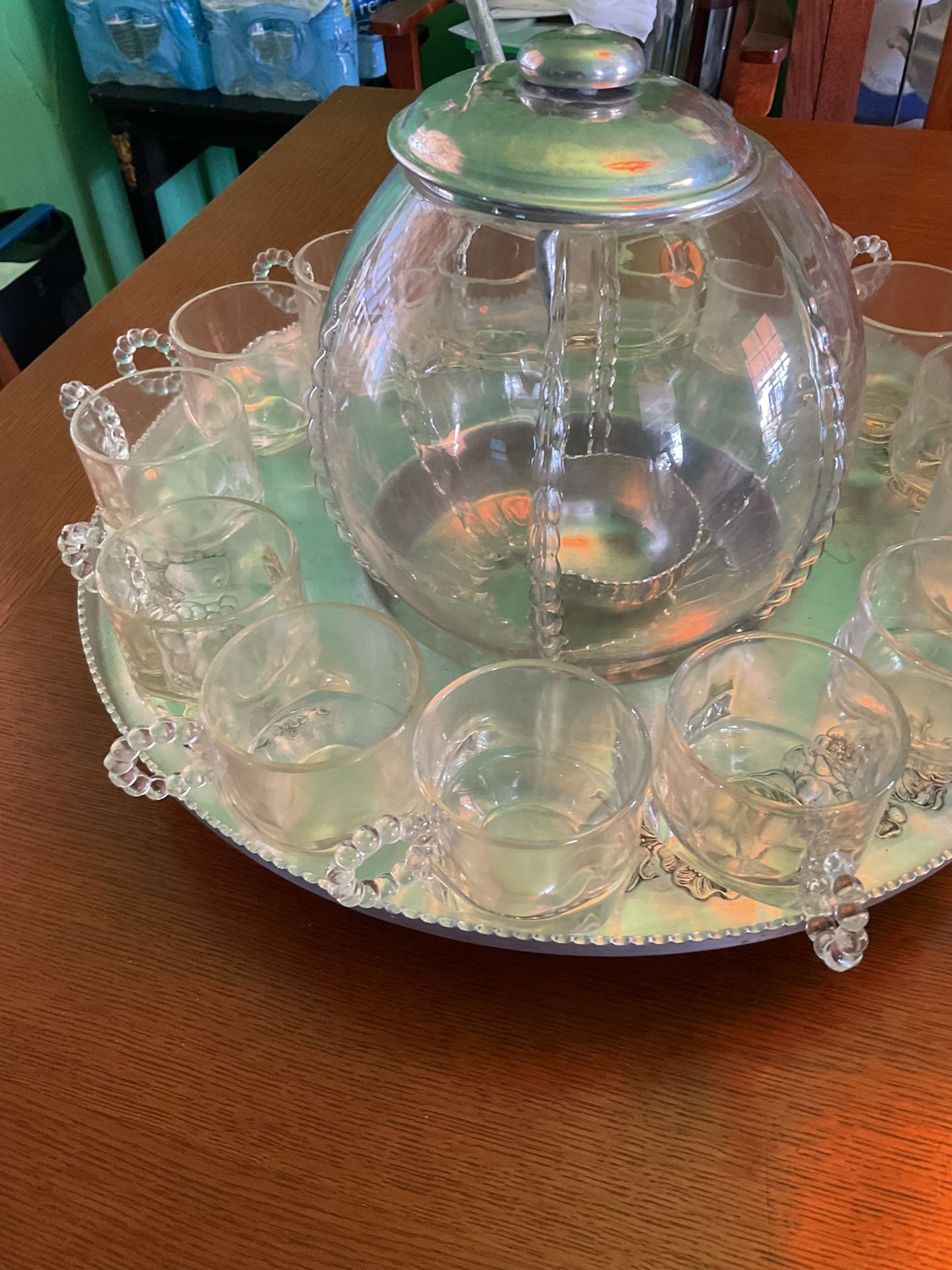 Vintage Punch Bowl With Lid, Ladle And Tray Plus 14 Glass Cups