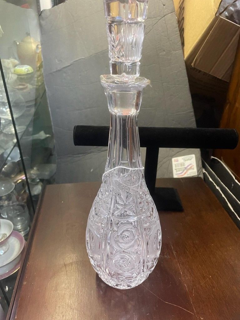 Vintage Crystal Glass Rose Floral Bottle Decanter 