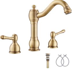 GGStudy 2 Handles 3 Holes Faucet Widespread Bathroom Sink Faucet Basin Tap Mixer Supply Hose Included Matching Pop Up Drain Antique Brass