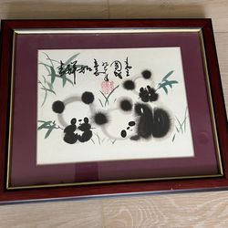 Original Panda Ink Brush Painting Framed.